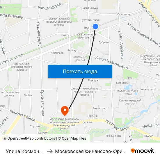 Улица Космонавта Леонова (Из Центра) to Московская Финансово-Юридическая Академия. Калининградский Филиал map