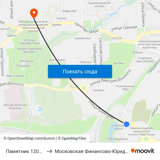 Памятник 1200 Гвардейцев (Из Центра) to Московская Финансово-Юридическая Академия. Калининградский Филиал map