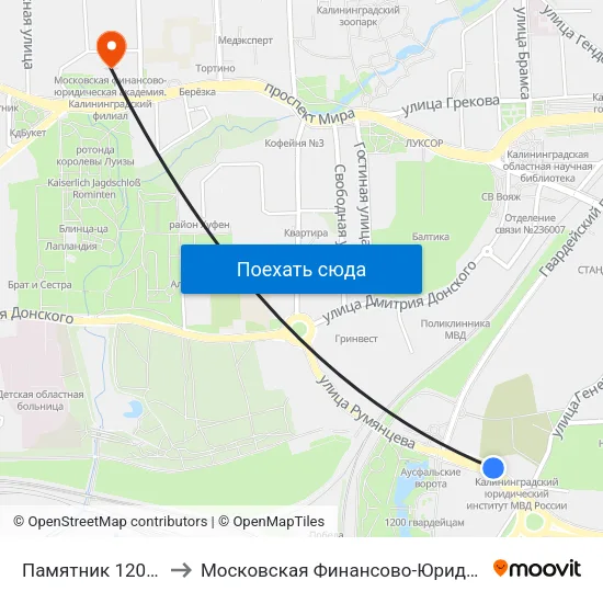 Памятник 1200 Гвардейцев (В Центр) to Московская Финансово-Юридическая Академия. Калининградский Филиал map