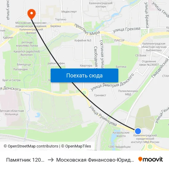 Памятник 1200 Гвардейцев (В Центр) to Московская Финансово-Юридическая Академия. Калининградский Филиал map