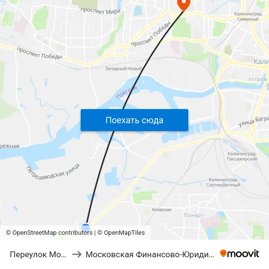 Переулок Можайский (Из Центра) to Московская Финансово-Юридическая Академия. Калининградский Филиал map