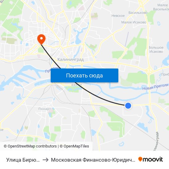 Улица Бирюзовая (Из Центра) to Московская Финансово-Юридическая Академия. Калининградский Филиал map