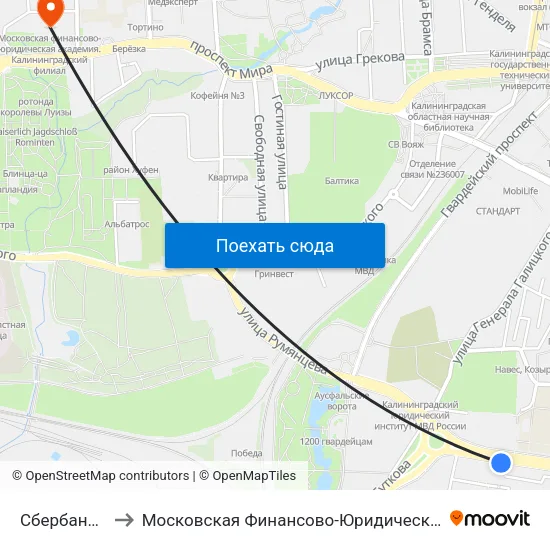 Сбербанк (Из Центра) to Московская Финансово-Юридическая Академия. Калининградский Филиал map
