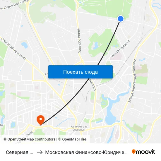 Северная Гора (Конечная) to Московская Финансово-Юридическая Академия. Калининградский Филиал map