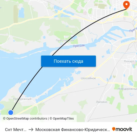 Снт Мечта (Конечная) to Московская Финансово-Юридическая Академия. Калининградский Филиал map
