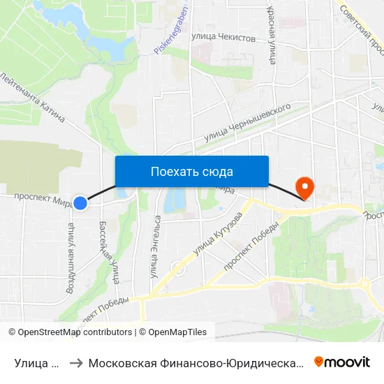 Улица Бассейная to Московская Финансово-Юридическая Академия. Калининградский Филиал map