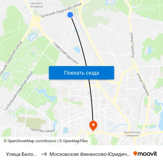 Улица Белорусская (Конечная) to Московская Финансово-Юридическая Академия. Калининградский Филиал map