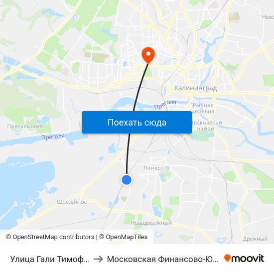 Улица Гали Тимофеевой (По Требованию, Из Центра) to Московская Финансово-Юридическая Академия. Калининградский Филиал map