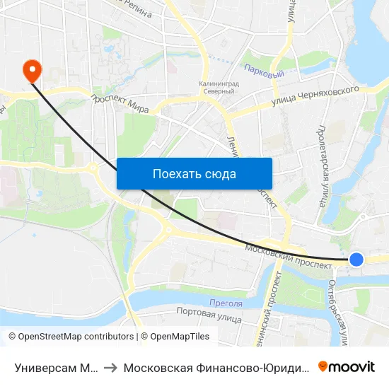 Универсам Московский (В Центр) to Московская Финансово-Юридическая Академия. Калининградский Филиал map
