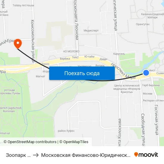 Зоопарк (Из Центра) to Московская Финансово-Юридическая Академия. Калининградский Филиал map
