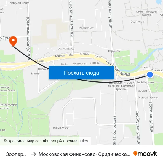 Зоопарк (В Центр) to Московская Финансово-Юридическая Академия. Калининградский Филиал map