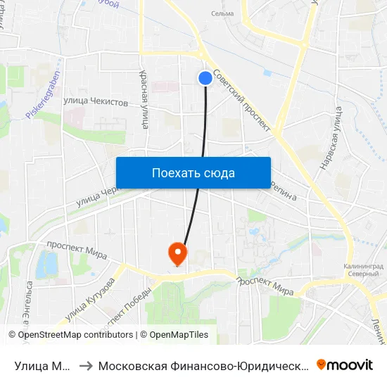 Улица Молочинского to Московская Финансово-Юридическая Академия. Калининградский Филиал map