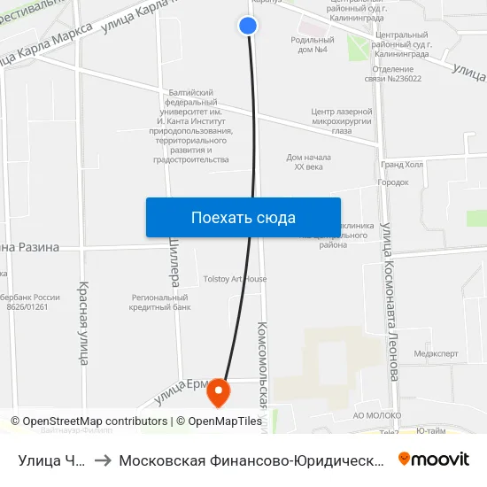 Улица Чайковского to Московская Финансово-Юридическая Академия. Калининградский Филиал map
