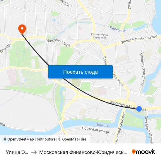 Улица Октябрьская to Московская Финансово-Юридическая Академия. Калининградский Филиал map