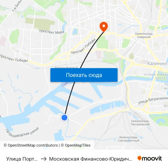 Улица Портовая (Из Центра) to Московская Финансово-Юридическая Академия. Калининградский Филиал map
