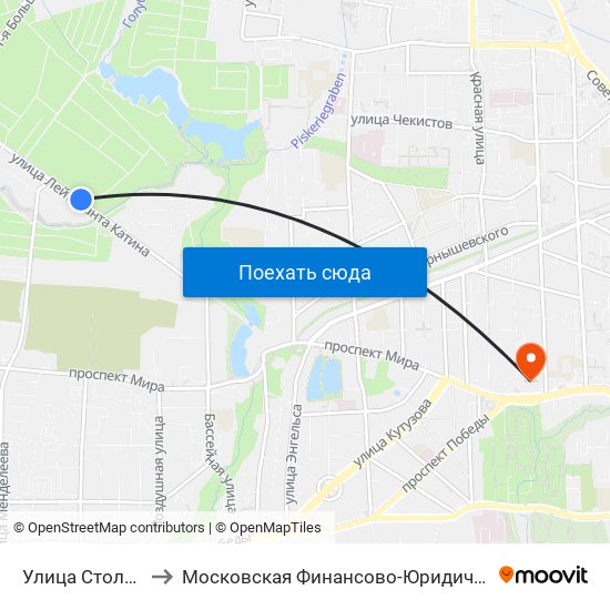 Улица Столярная (Из Центра) to Московская Финансово-Юридическая Академия. Калининградский Филиал map