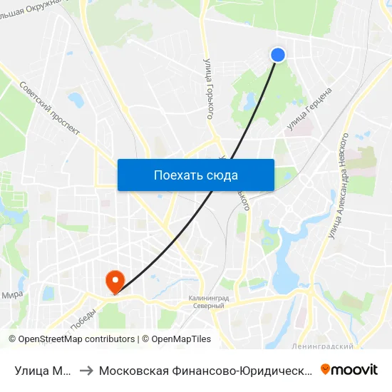 Улица Малая Лесная to Московская Финансово-Юридическая Академия. Калининградский Филиал map