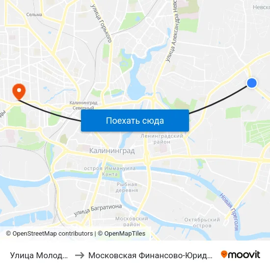 Улица Молодой Гвардии (Конечная) to Московская Финансово-Юридическая Академия. Калининградский Филиал map