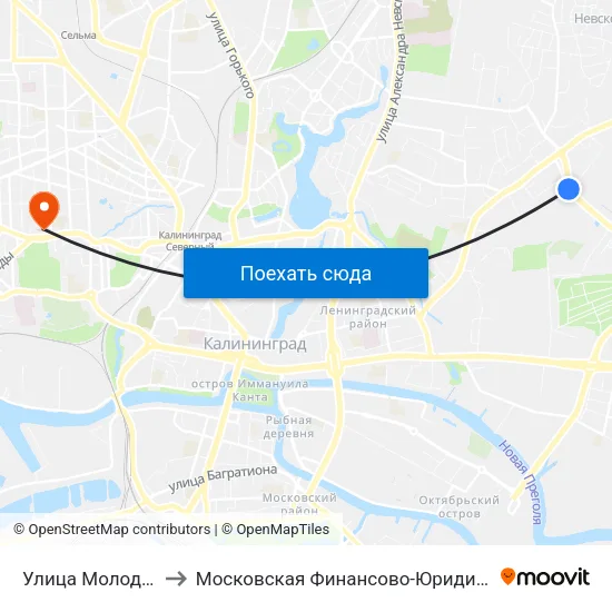 Улица Молодой Гвардии (В Центр) to Московская Финансово-Юридическая Академия. Калининградский Филиал map