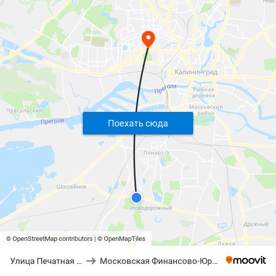 Улица Печатная (По Требованию, Из Центра) to Московская Финансово-Юридическая Академия. Калининградский Филиал map