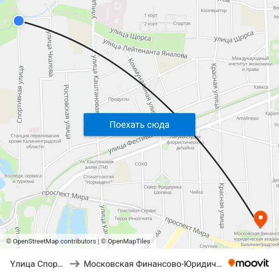 Yлица Спортивная (Конечная) to Московская Финансово-Юридическая Академия. Калининградский Филиал map