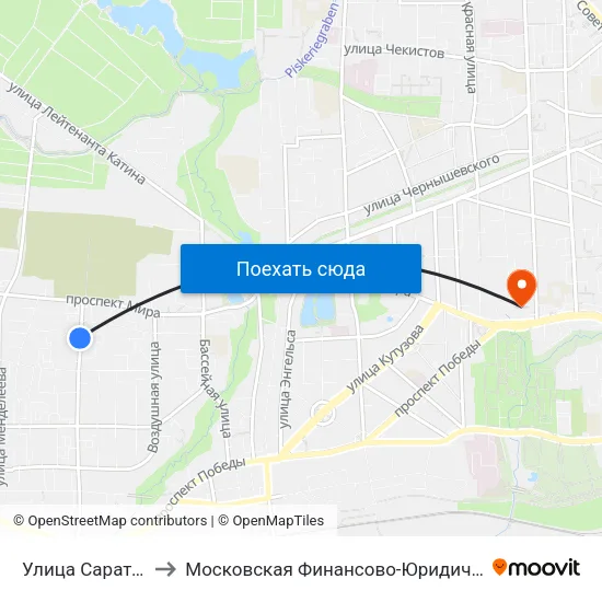 Улица Саратовская (Из Центра) to Московская Финансово-Юридическая Академия. Калининградский Филиал map