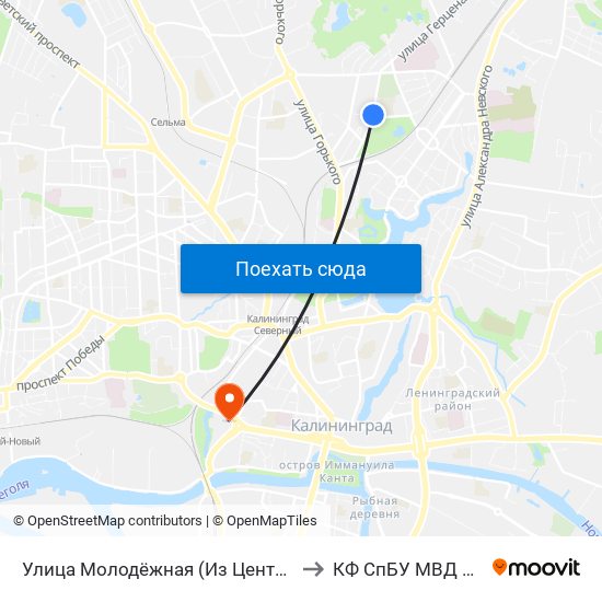 Улица Молодёжная (Из Центра) to КФ СпБУ МВД РФ map