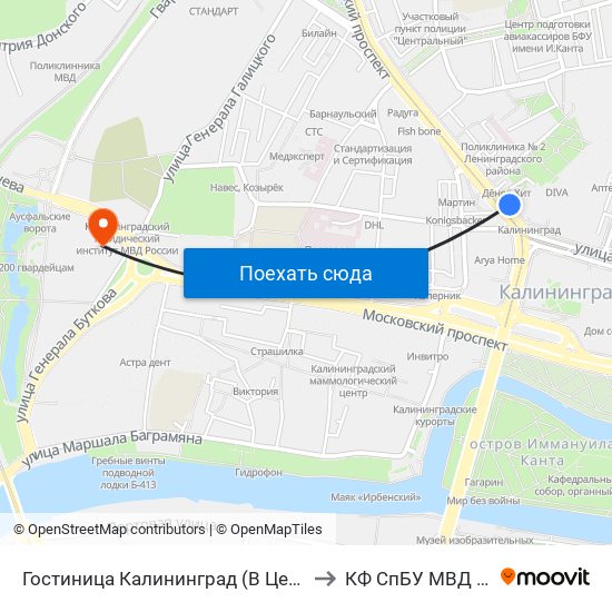 Гостиница Калининград (В Центр) to КФ СпБУ МВД РФ map