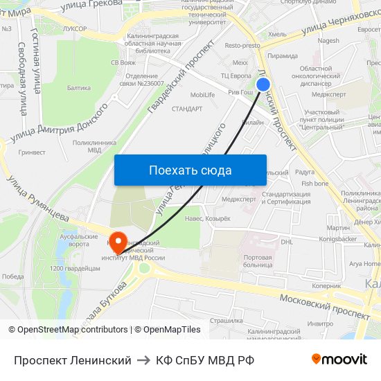 Проспект Ленинский to КФ СпБУ МВД РФ map