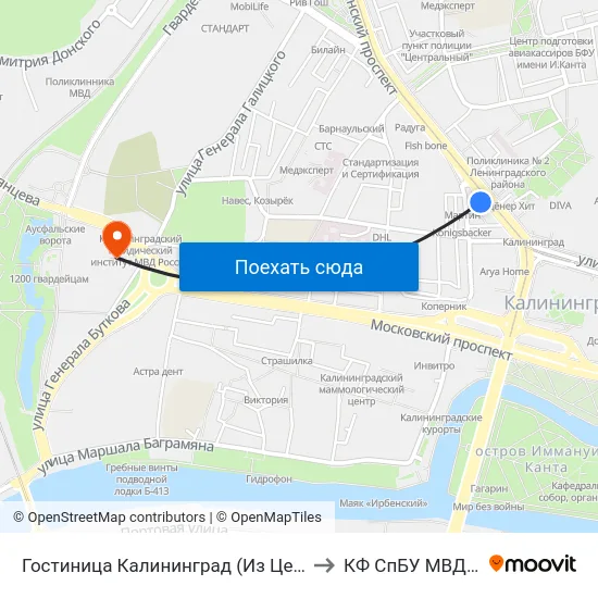 Гостиница Калининград (Из Центра) to КФ СпБУ МВД РФ map