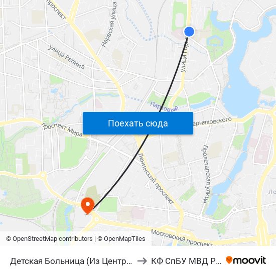 Детская Больница (Из Центра) to КФ СпБУ МВД РФ map