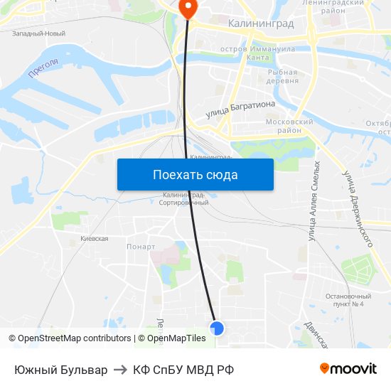 Южный Бульвар to КФ СпБУ МВД РФ map