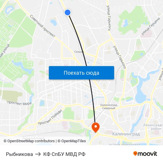 Рыбникова to КФ СпБУ МВД РФ map