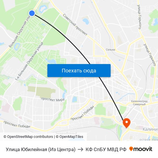 Улица Юбилейная (Из Центра) to КФ СпБУ МВД РФ map
