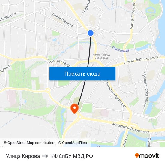 Улица Кирова to КФ СпБУ МВД РФ map