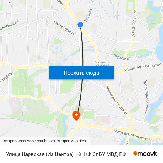 Улица Нарвская (Из Центра) to КФ СпБУ МВД РФ map