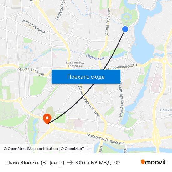 Пкио Юность (В Центр) to КФ СпБУ МВД РФ map