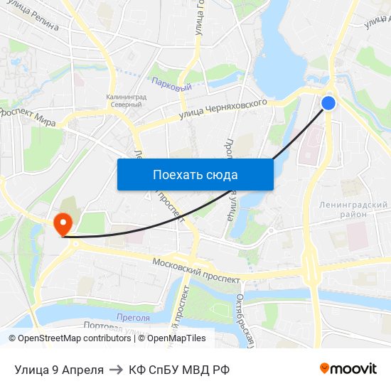 Улица 9 Апреля to КФ СпБУ МВД РФ map