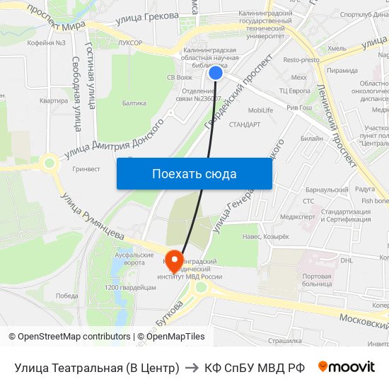 Улица Театральная (В Центр) to КФ СпБУ МВД РФ map