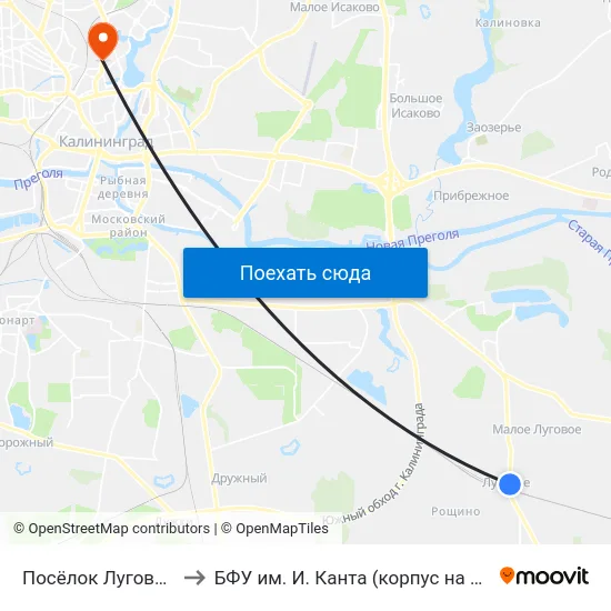 Посёлок Луговое (Конечная) to БФУ им. И. Канта (корпус на Горького, бывш. БИЭФ) map