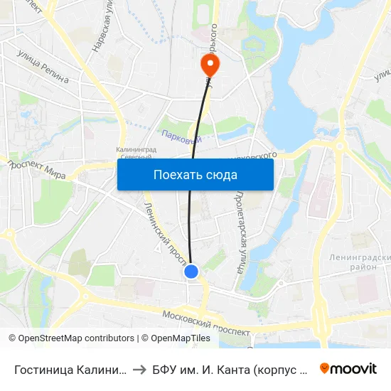 Гостиница Калининград (Из Центра) to БФУ им. И. Канта (корпус на Горького, бывш. БИЭФ) map