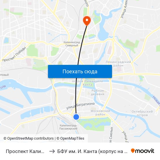 Проспект Калинина (В Центр) to БФУ им. И. Канта (корпус на Горького, бывш. БИЭФ) map