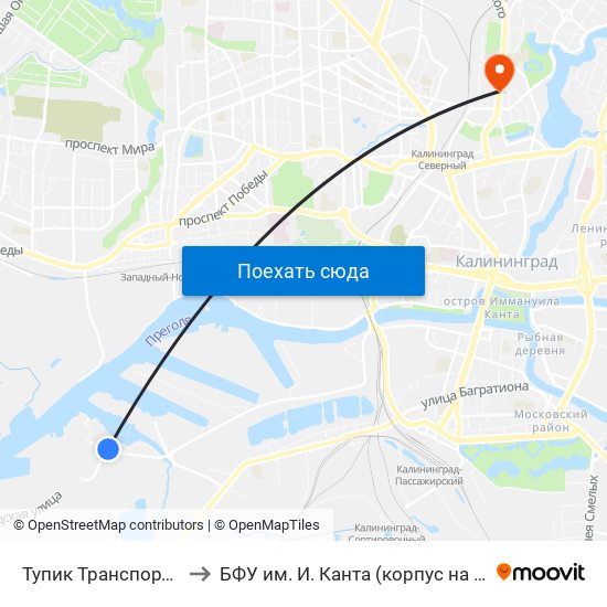 Тупик Транспортный (В Центр) to БФУ им. И. Канта (корпус на Горького, бывш. БИЭФ) map