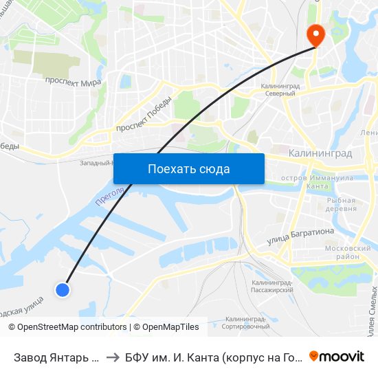 Завод Янтарь (Конечная) to БФУ им. И. Канта (корпус на Горького, бывш. БИЭФ) map