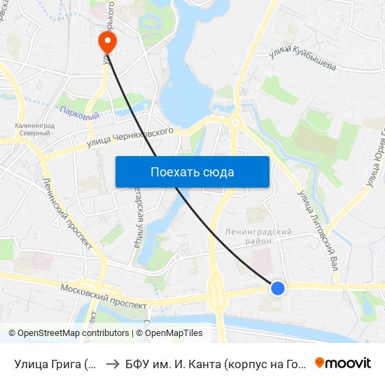 Улица Грига (Из Центра) to БФУ им. И. Канта (корпус на Горького, бывш. БИЭФ) map