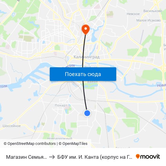 Магазин Семья (Из Центра) to БФУ им. И. Канта (корпус на Горького, бывш. БИЭФ) map