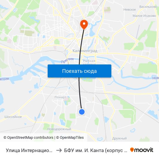 Улица Интернациональная (Из Центра) to БФУ им. И. Канта (корпус на Горького, бывш. БИЭФ) map
