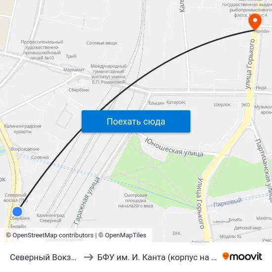 Северный Вокзал (Из Центра) to БФУ им. И. Канта (корпус на Горького, бывш. БИЭФ) map