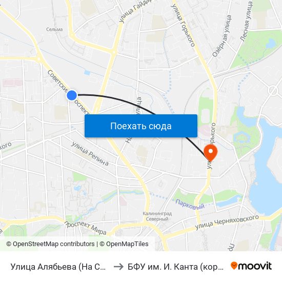 Улица Алябьева (На Советском Проспекте, В Центр) to БФУ им. И. Канта (корпус на Горького, бывш. БИЭФ) map
