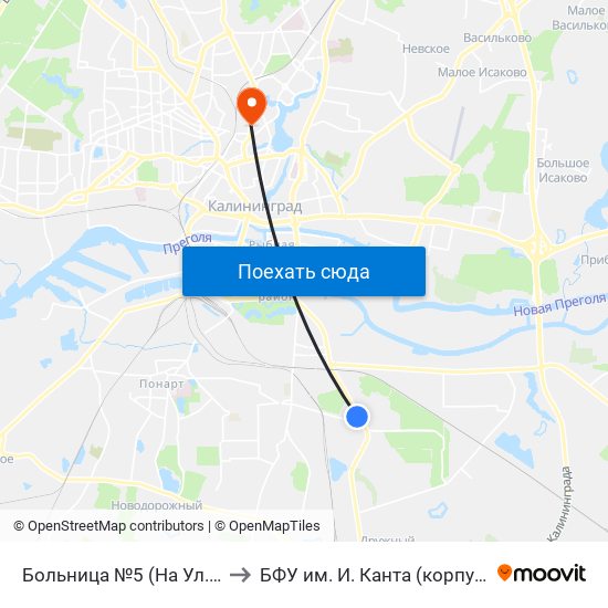 Больница №5 (На Ул. Муромской, Из Центра) to БФУ им. И. Канта (корпус на Горького, бывш. БИЭФ) map